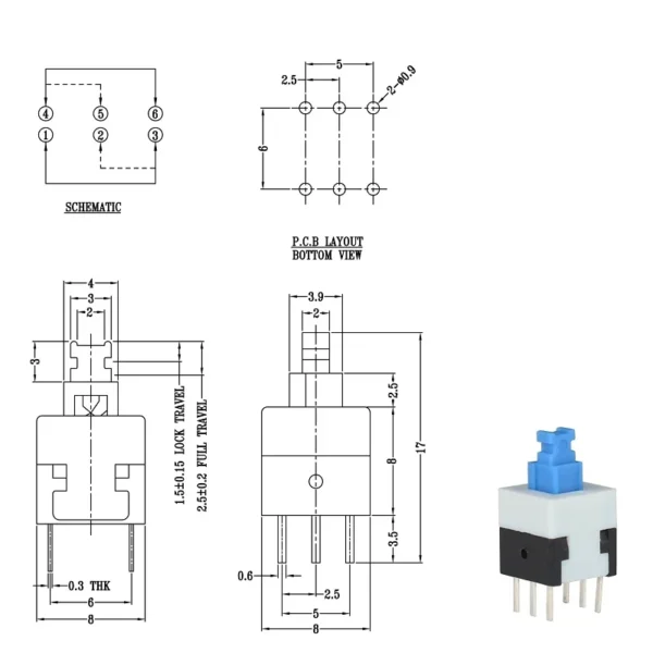 6 Pin DPDT Self-Locking VTR on/off Push Button Switch